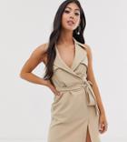 Asos Design Petite Mini Belted Trench Dress In Soft Crepe-brown
