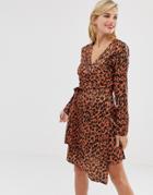 Liquorish Wrap Front Satin Mini Dress In Red Leopard Print - Multi