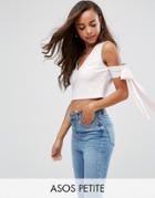 Asos Petite Top In Scuba With Plunge Neck And Bow Detail - Pink