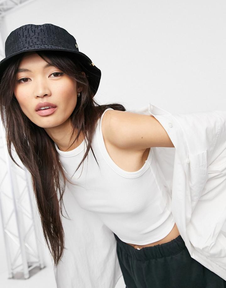 River Island Jacquard Monogram Bucket Hat In Black