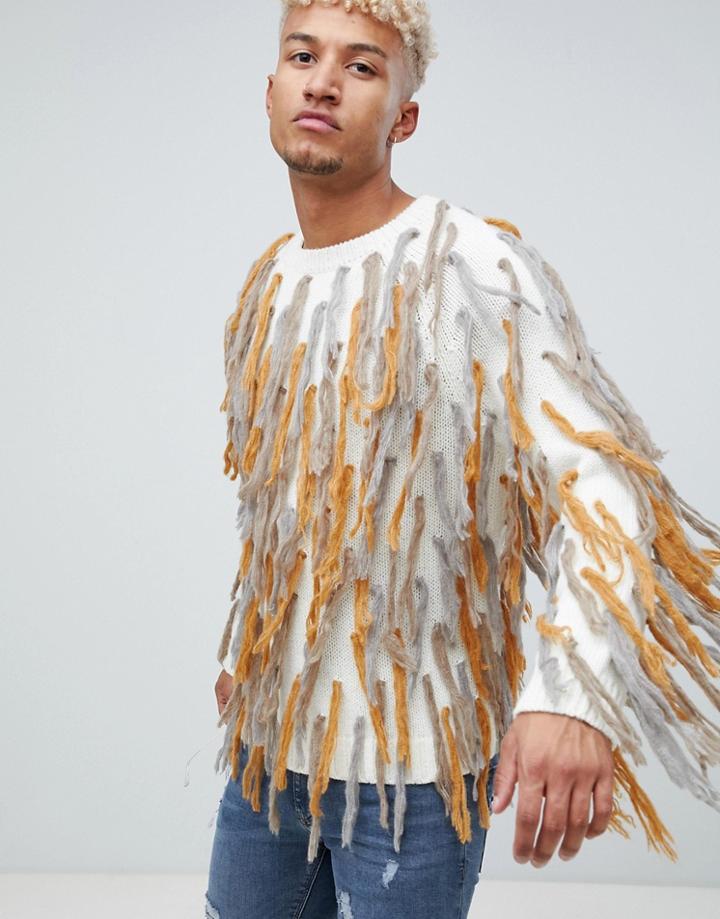 Asos Design Sweater With All Over Tassels - Beige