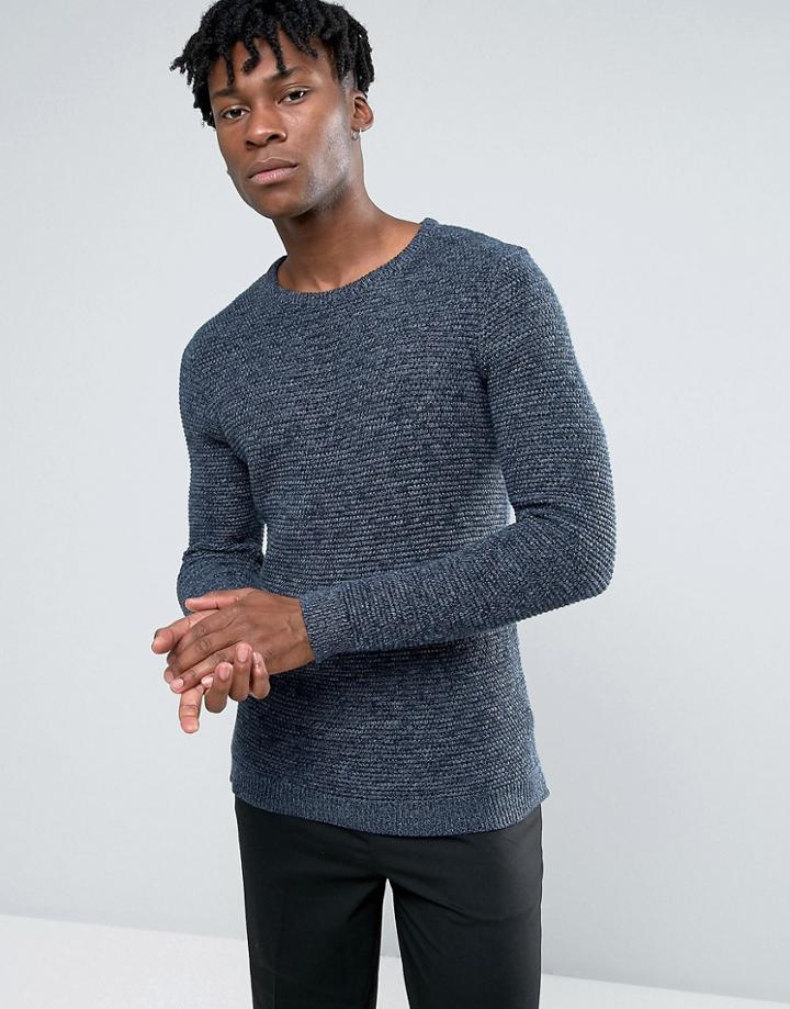 Selected Homme 100% Cotton Crew Neck Texture Knitted Sweater - Navy