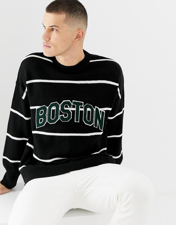 New Look Crew Neck Stripe Sweater With Boston Lettering - Navy