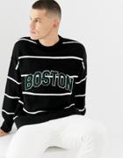 New Look Crew Neck Stripe Sweater With Boston Lettering - Navy