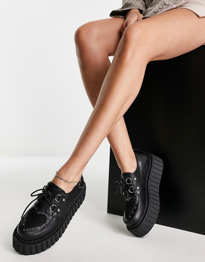 Lamoda Studded Heart Chunky Flat Shoes In Black