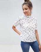 Fashion Union High Neck Blouse In Ditsy Floral - White