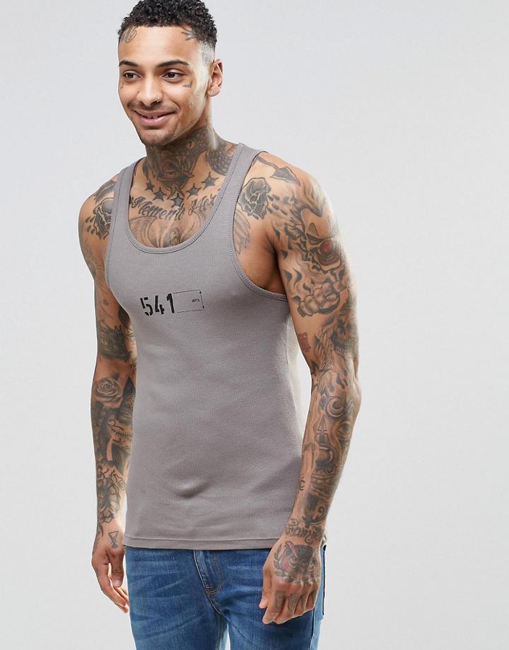Asos Rib Muscle Vest With Front And Back Print - Beige