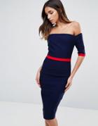 Vesper Bardot Pencil Dress With Contrast Piping - Navy