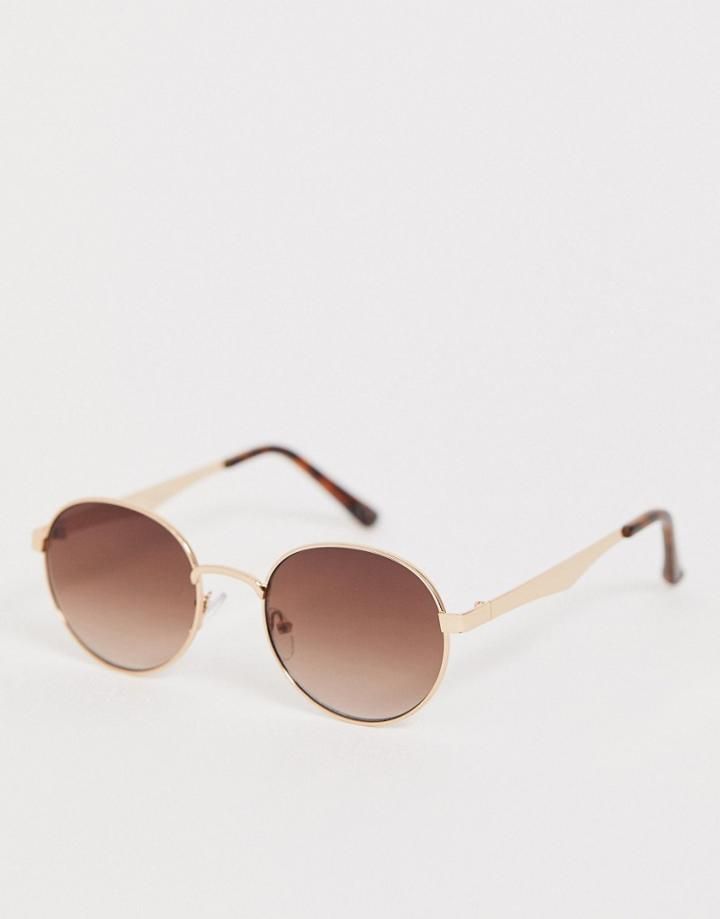 Asos Design Round Sunglasses In Gold With Brown Grad Lens