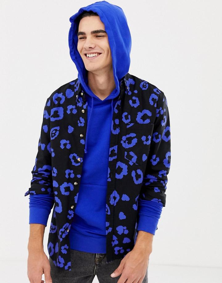 Collusion Regular Fit Oxford Shirt In Leopard Print - Black