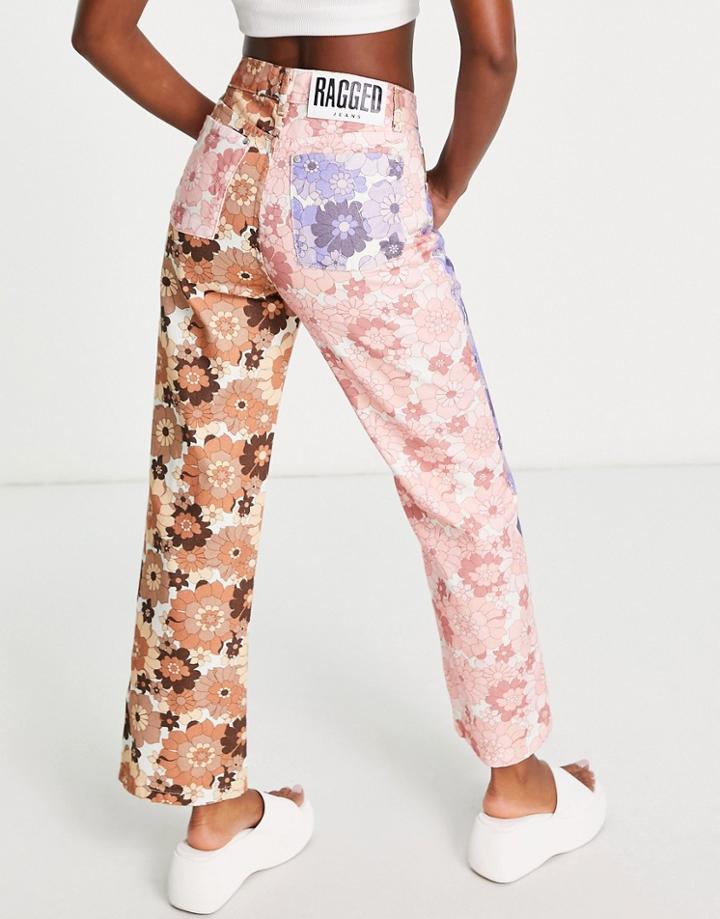 The Ragged Priest Relaxed Straight Leg Jeans In Contrast Retro Floral Denim-multi