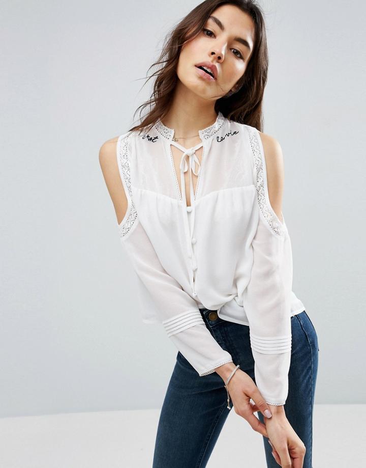 Asos Cold Shoulder Blouse With C'est La Vie Embroidery - White