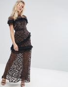 Stevie May Velvet Applique Mesh Maxi Dress With Contrast Pleat Frills - Multi