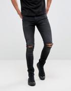 Asos Super Skinny 12.5oz Jeans With Knee Rips In Washed Black - Black