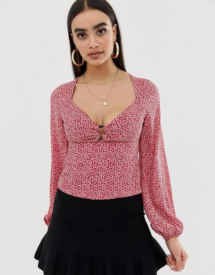 Fashion Union Balloon Sleeve Blouse With Ring Detail In Floral - Pink