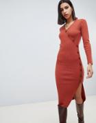 Asos Design Dress In Rib Knit With Button Detail-red
