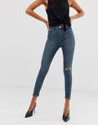 Asos Design Ridley High Waisted Skinny Jeans In Aged Vintage Mid Wash With Ripped Knee-blue