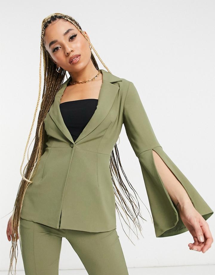 Little Mistress Flared Sleeve Blazer Set In Khaki-green