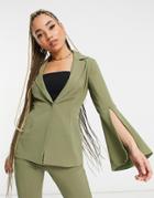 Little Mistress Flared Sleeve Blazer Set In Khaki-green