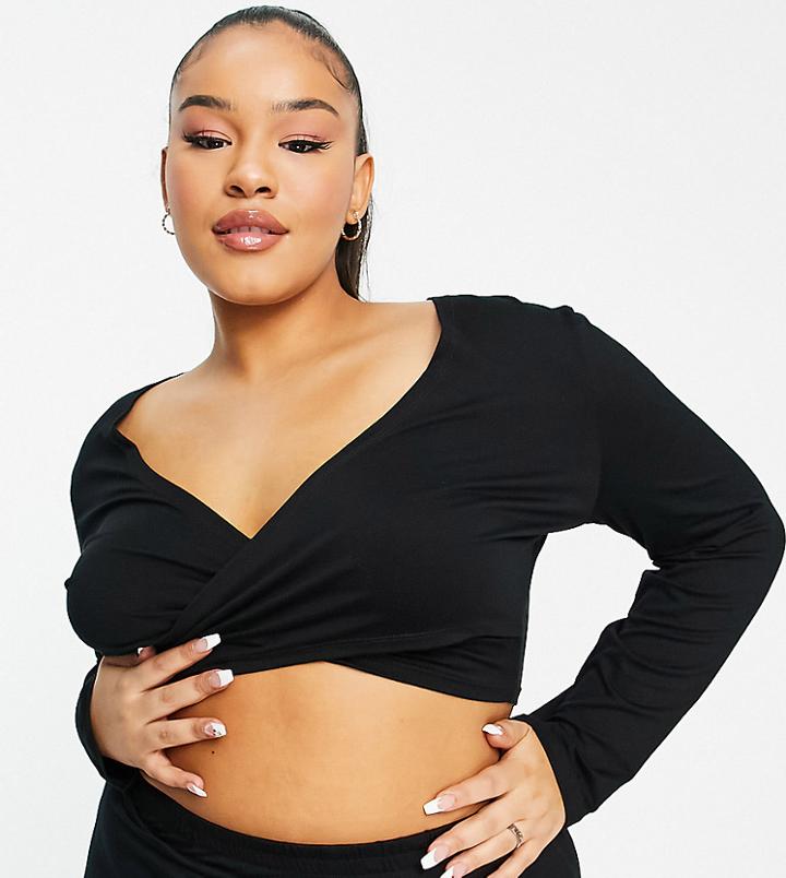 South Beach Plus Wrap Detail Long Sleeve Crop Top In Black