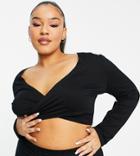 South Beach Plus Wrap Detail Long Sleeve Crop Top In Black