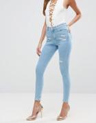 Asos Ridley Skinny Jeans In Hibiscus Light Stonewash With Rip And Repair - Blue