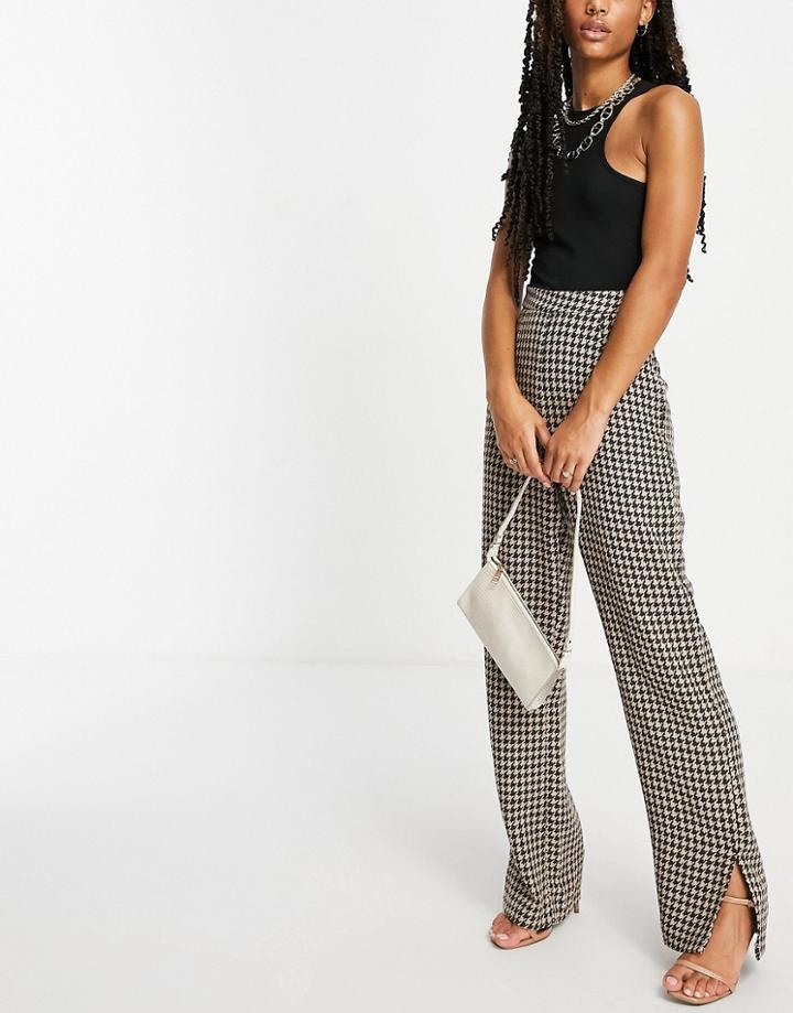 Naanaa High-waisted Slit Hem Tailored Pants In Brown Houndstooth