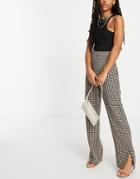 Naanaa High-waisted Slit Hem Tailored Pants In Brown Houndstooth