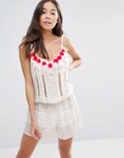 America & Beyond Neon Pom Pom Trim Beach Romper - White