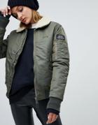 Schott Relaxed Flight Jacket With Faux Shearling Collar - Green