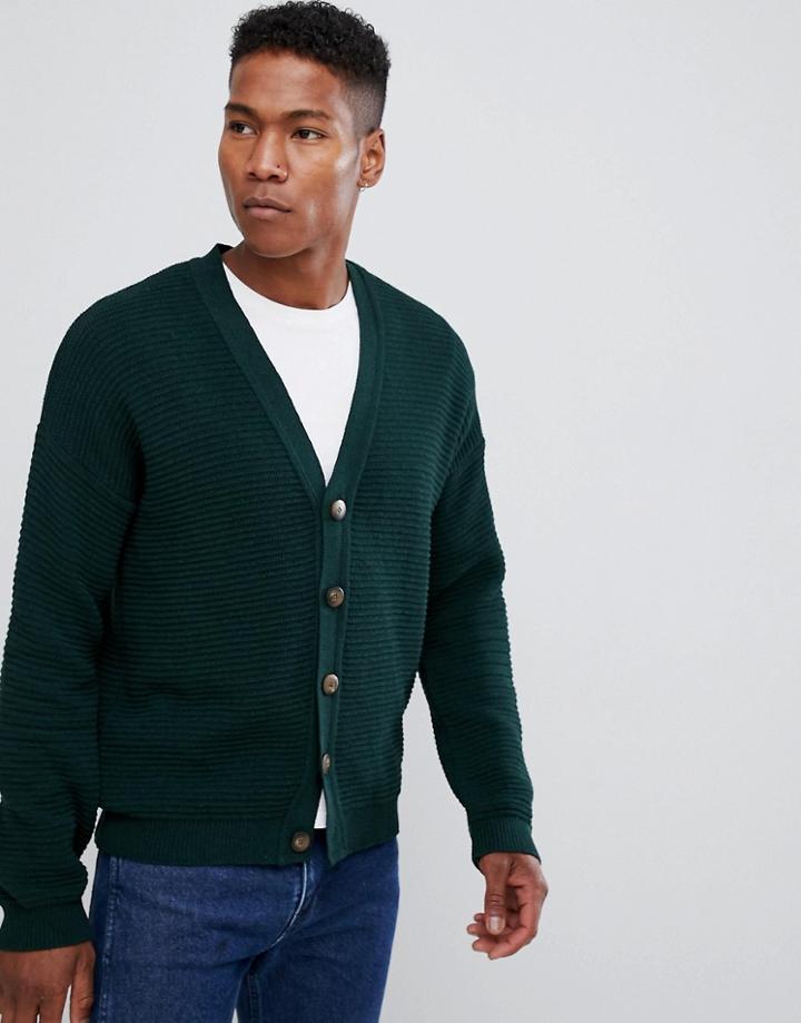 Asos Design Ribbed Cardigan With Dropped Shoulder In Bottle Green