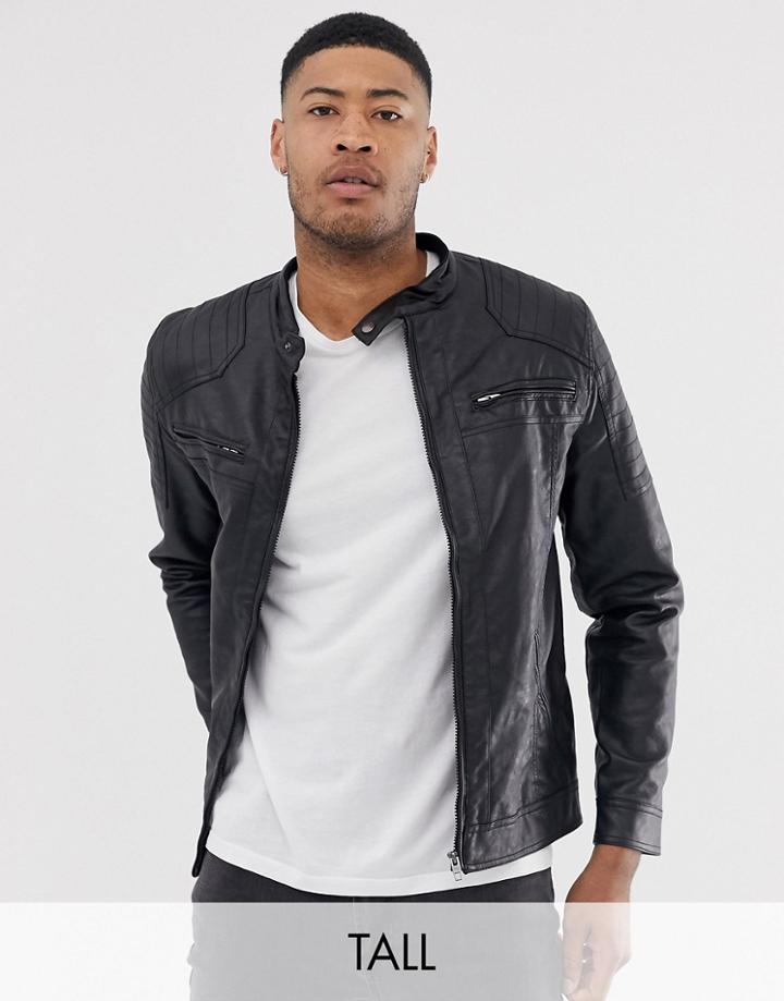 French Connection Tall Two Pocket Faux Leather Biker Jacket-black