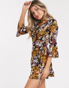 Outrageous Fortune Ruffle Wrap Dress With Fluted Sleeve In Floral Print-multi