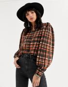 Object Puff Sleeve Mesh Shirt In Check Print-multi