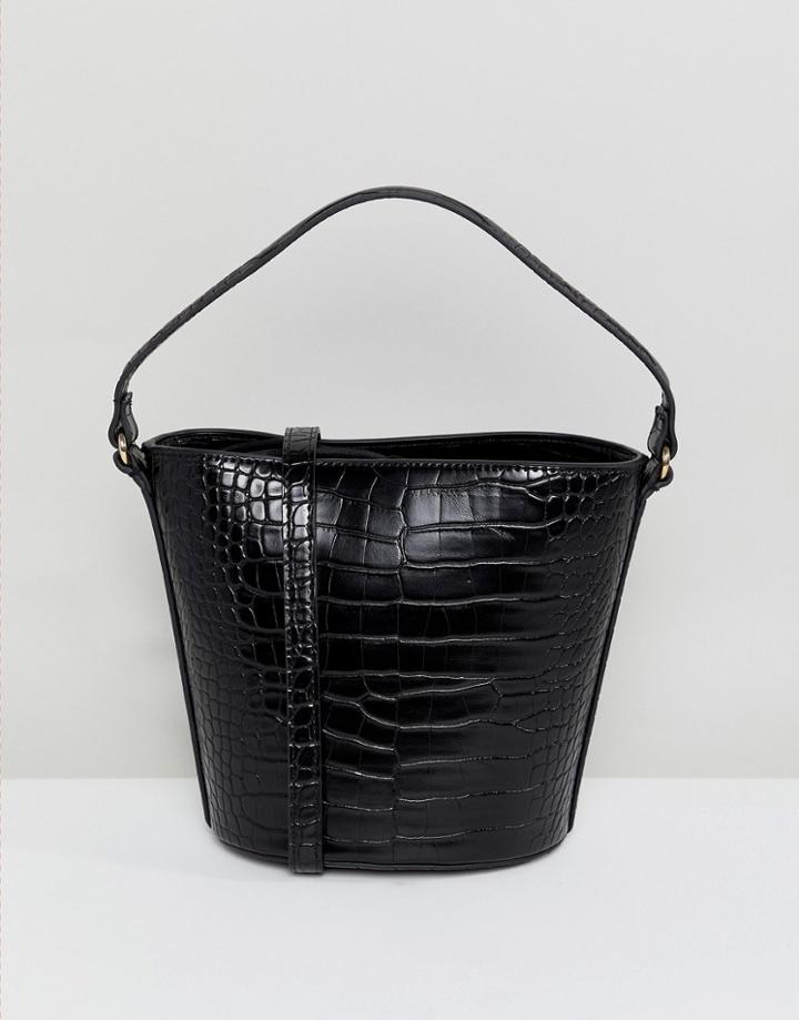 Mango Croc Print Bucket Bag In Black - Black
