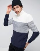 Pull & Bear Roll Neck Sweater In Navy With Color Block Detail - Navy
