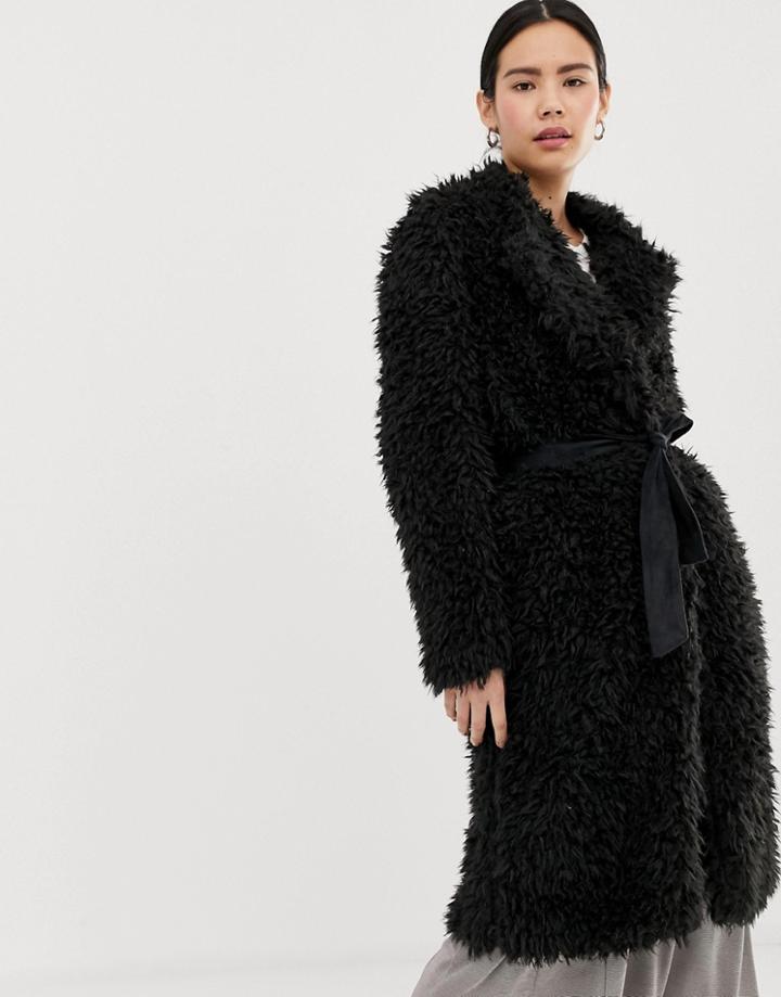 Ichi Fluffy Belted Coat - Black