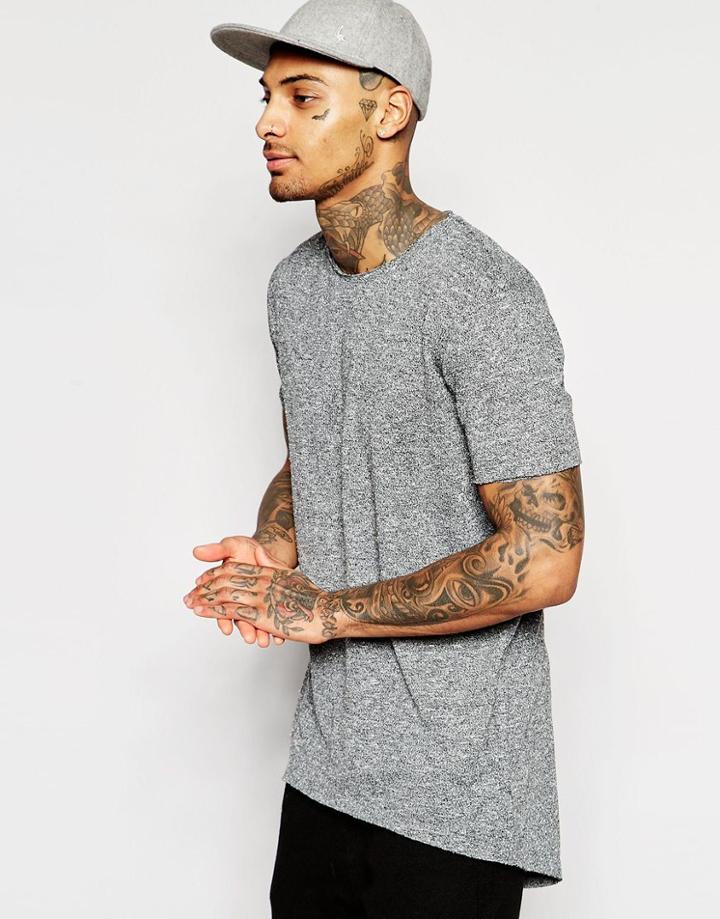 Asos Super Longline T-shirt With Scoop Back Hem In Slub Fabric In Gray - Gray