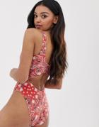 Asos Design Fuller Bust Cut Out Back Swimsuit In Bandana Print Dd-g - Multi