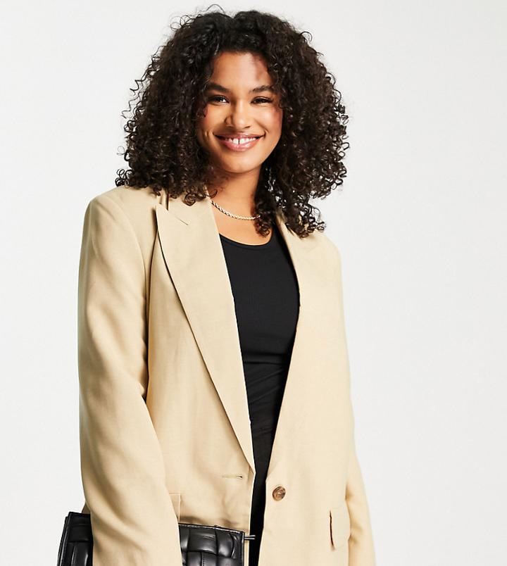 Asos Design Curve Long Line Perfect Blazer In Stone-neutral