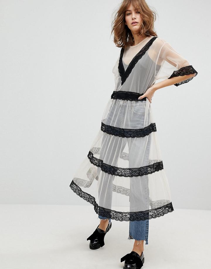Monki Lace Insert Smock Midi Dress - Pink