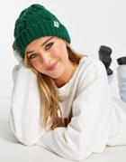 Asos Design Cable Knit Beanie With Turn Up In Forest Green