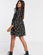 Asos Design Long Sleeve Smock Mini Dress In Black Spot Floral Print-multi