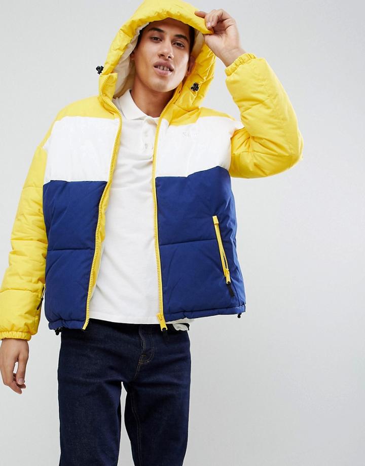 Schott Alaska Hooded Puffer Jacket Color Block Regular Fit In Yellow/blue - Yellow
