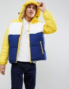 Schott Alaska Hooded Puffer Jacket Color Block Regular Fit In Yellow/blue - Yellow