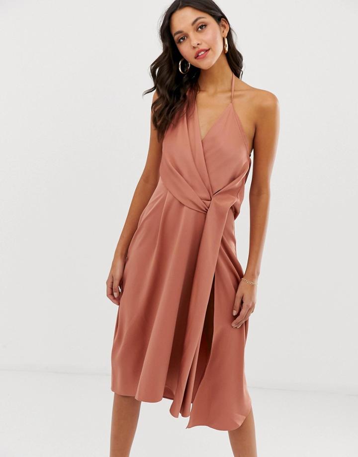 Asos Design Minimal Drape Midi Dress In Satin-brown
