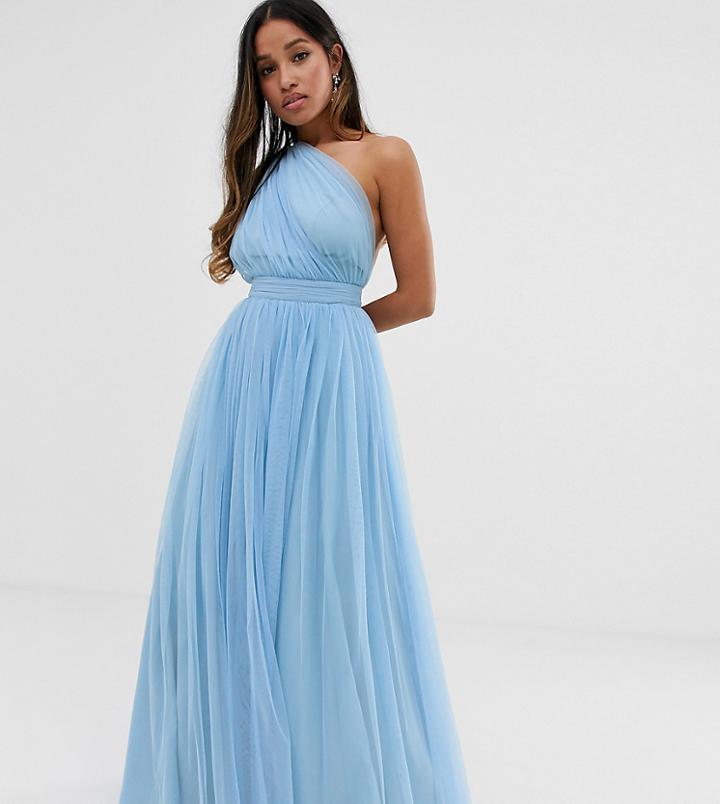 Asos Design Petite Tulle One Shoulder Maxi Dress-blue