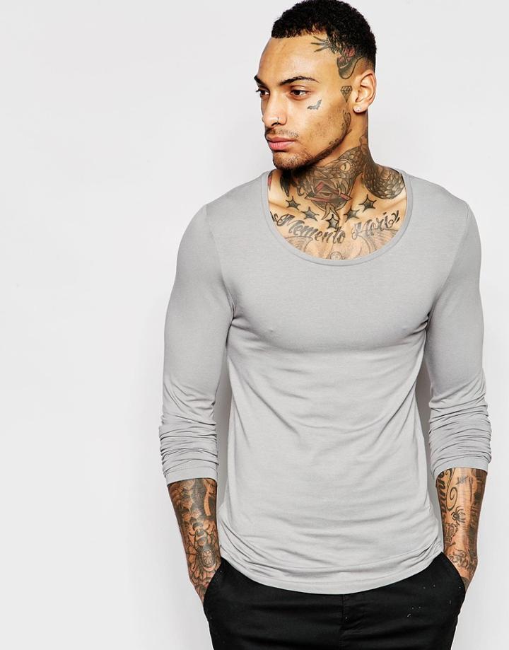 Asos Extreme Muscle Long Sleeve T-shirt With Scoop Neck In Gray - Gray