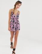 Asos Design Wrap Tie Front Romper In Crinkle In Hawaiian Print-multi
