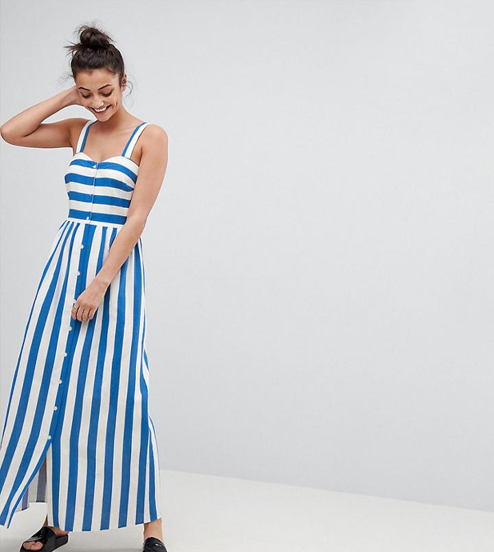 Asos Tall Linen Button Through Maxi Dress In Stripe - Multi